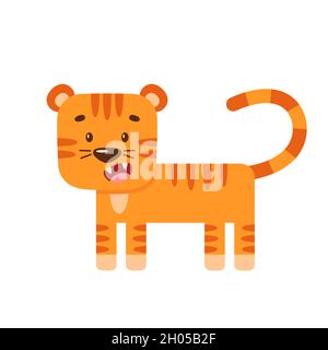 La tigre piccola carina si alza e mostra i denti. Semplice illustrazione cartoon piatto con animale selvatico per il disegno del poster della stanza dei bambini. Simbolo del nuovo anno 2022. Illustrazione Vettoriale