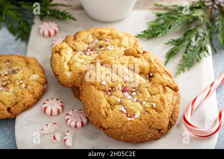 Biscotti al cioccolato bianco alla menta peperita appena sfornati per Natale serviti con cioccolata calda Foto Stock
