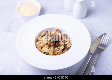 Risotto con funghi porcini. Piatto tradizionale italiano. Primo piano, orientamento orizzontale. Foto Stock