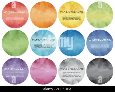 Set di modelli di cartoncino rotondo con dipinti ad acquerello e spazio di testo. Illustrazione vettoriale isolata su sfondo bianco. Illustrazione Vettoriale