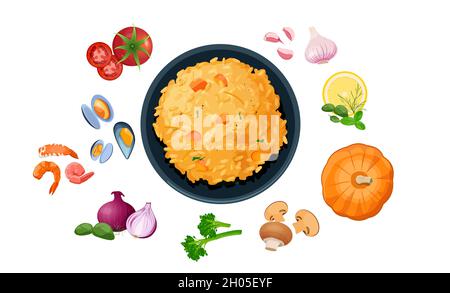Piatto con risotto fresco e vari ingredienti Illustrazione Vettoriale