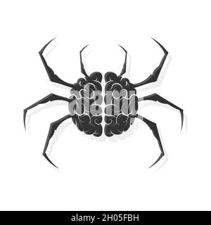 Cervello umano con gambe tipo ragno. Concetto di arachnofobia. Illustrazione in stile piatto. Isolato su sfondo bianco. Illustrazione Vettoriale