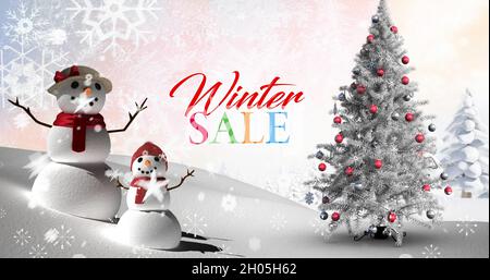 Immagine del testo di vendita inverno sopra il pupazzo di neve nel paesaggio di inverno Foto Stock