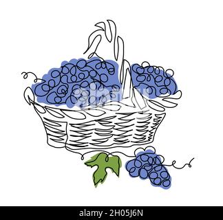 Vendemmia nel cesto. Semplice schizzo vettoriale, illustrazione di doodle. Una linea continua di disegno artistico della vendemmia blu. Design minimalista Illustrazione Vettoriale