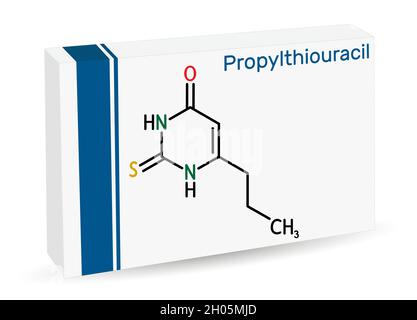 Propiltiouracil, molecola PTU. È derivato di tiourea con proprietà antitiroidea, usato per trattare l'ipertiroidismo. Formula chimica scheletrica. Carta p Illustrazione Vettoriale