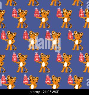 Tiger con regali modello senza cuciture. Stampa riproducibile per bambini. Illustrazione vettoriale di Natale su sfondo blu Illustrazione Vettoriale