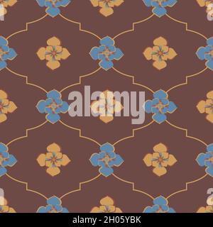 Medievale rosa ogee vettore pattern sfondo. Sfondo in stile mattonella Azulejo di fiori disegnati a mano con linee geometriche in blu rosso arancio ocra Illustrazione Vettoriale