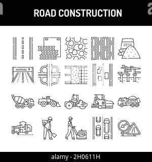 Set di icone della linea di costruzione stradale. Elemento vettoriale isolato. Pittogrammi di contorno per pagina web, app mobile, promo. Tratto modificabile. Illustrazione Vettoriale