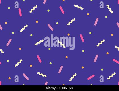 Decorazioni per feste. Illustrazione vettoriale in design piatto. Confetti colorati ondulati e rotondi su sfondo viola Illustrazione Vettoriale