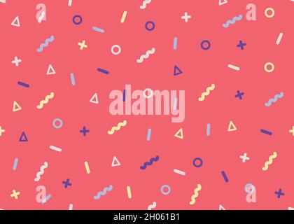 Illustrazione vettoriale con motivo memphis senza cuciture a confetti. Varie piccole forme geometriche su sfondo rosso. Stile linea Illustrazione Vettoriale