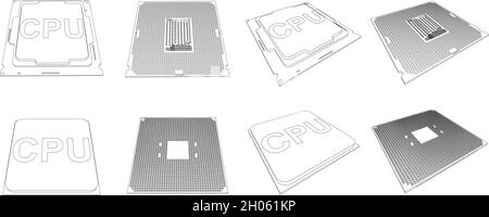 Illustrazione vettoriale dettagliata del chip semiconduttore cpu con contatti Illustrazione Vettoriale