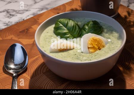 Helsinki / Finlandia - 10 OTTOBRE 2021: Cucina tradizionale finlandese; primo piano di un piatto di zuppa di spinaci con uova sode e condimento con basilico Foto Stock