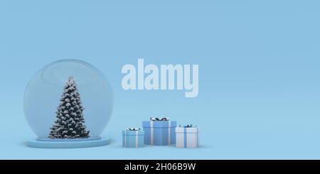 scena di Natale e Capodanno in 3d con podio espositore per un'esperienza minimale. Composizione blu d'inverno con albero di Natale coperto di neve, Foto Stock