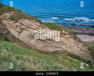 Strati di roccia esposti sulla costa del Northumberland vicino a Scremerston, a sud di Berwick-upon-Tweed - parte della formazione di Alston Foto Stock