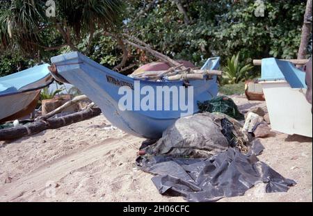 SRI LANKA: I pescatori di Tangalle sospesi sul mare nel modo in cui fanno la loro tecnica tradizionale per catturare il pesce su pali Foto Stock