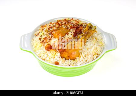 Pollo biryani , pollo dhum biriyani stile kerala fatto con riso e spezie jera . Foto Stock