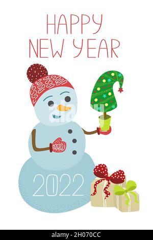 Illustrazione vettoriale di un carino pupazzo di neve, albero di Capodanno con una scatola del regalo e una scritta di saluto. Tessera anno nuovo 2022. Illustrazione Vettoriale