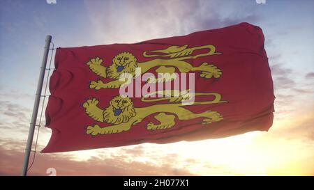 Bandiera della Normandia, Francia, ondeggiante nel vento, cielo e sfondo del sole. 3d rendering Foto Stock