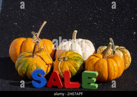 Speciale concetto di vendite di Halloween: Poster o banner di sconto stagionale per i negozi. Zucca promozionale e testo di vendita sfondo con spazio copia. Colorato Foto Stock