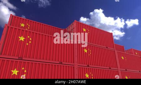 I contenitori China flag si trovano presso il terminale del contenitore. Concetto di esportazione o importazione della Cina, 3D rendering Foto Stock