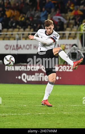 Skopje, Macedonia settentrionale. 11 ottobre 2021. Calcio: Qualificazioni Coppa del mondo Europa, Macedonia del Nord - Germania, fase del Gruppo, Gruppo J, Matchday 8, alla Telekom Arena. Timo Werner in azione in Germania. Credit: Federico Gambarini/dpa/Alamy Live News Foto Stock