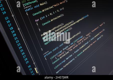 C# Hello World codice sullo schermo Foto Stock