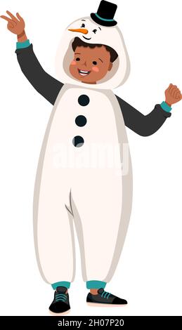 Ragazzo in costume da carnevale di pupazzo di neve. Abbigliamento festivo per feste di pajama, teatro, Capodanno o Natale. Balli con il viso felice e il sorriso Illustrazione Vettoriale