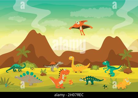 Dinosauri Vector cute e Funny Flat - T-rex, Stegosaurus, Velociraptor, Pterodactyl, Brachiosaurus, Ankylosaurus, Diplodocus, Spinosaurus Illustrazione Vettoriale