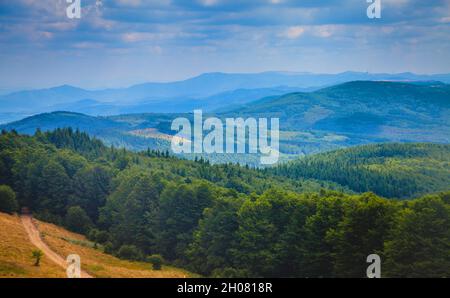 Panoramica aerea di bellissimi colori e calme vette di Stara Planina, Bulgaria Foto Stock