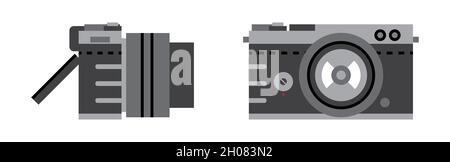 Fotocamera digitale retro stile laterale e anteriore, icona pronta Illustrazione Vettoriale