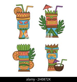 Cocktail vettoriali tiki in stile disegnato a mano - illustrazione posta isolata su sfondo bianco. Bicchieri Tiki idol Illustrazione Vettoriale