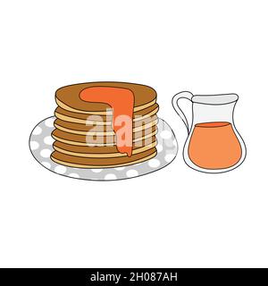 Pancake con sciroppo d'acero, semplice illustrazione vettoriale disegnata a mano su bianco Illustrazione Vettoriale