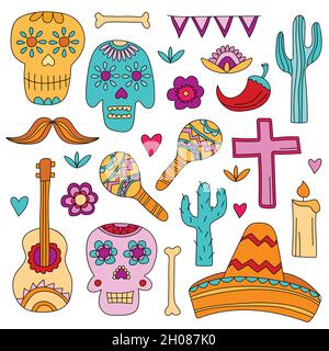 Icone del giorno dei morti, una vacanza tradizionale in Messico. Teschi, fiori, elementi per il design. Stile disegnato a mano Illustrazione Vettoriale