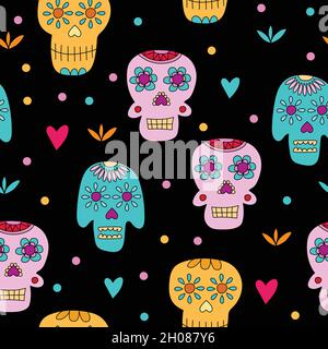 Cranio dello zucchero - motivo senza cuciture su nero. Concetto giorno dei morti. Design per tessuti o imballaggi Illustrazione Vettoriale