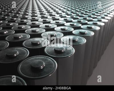 Illustrazione 3D, immagine concettuale del riciclaggio della batteria, energia rinnovabile. Foto Stock