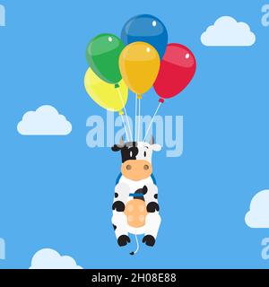 Mucca che volano usando i palloncini. Illustrazione fumetto. Metafora e fantasia. Illustrazione Vettoriale