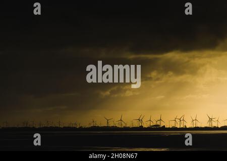 Norderney, Germania. 11 ottobre 2021. Un parco del vento è visto alla costa settentrionale dei Frisini orientali di fronte a Norderney contro il sole che aumenta creando un cielo drammatico. Credit: Matthias Oesterle/Alamy Live News Foto Stock