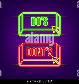 Pulsante al neon do s e Don ts. Set di elementi di logotipo rotondi semplici e piatti con pollice su. Illustrazione vettoriale Illustrazione Vettoriale