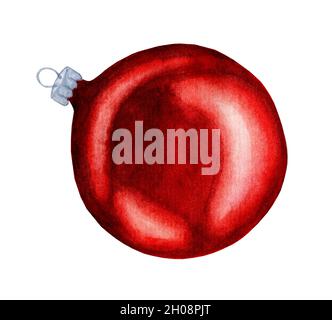 Sfera di Natale rossa per decorare l'albero di Natale. Immagine acquerello di una sfera di vetro rossa. Isolato su sfondo bianco. Disegnato a mano. Foto Stock