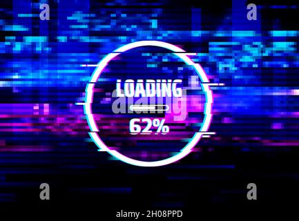Schermata di errore di caricamento dello sfondo vettoriale dell'effetto di blocco dei dati con barra di avanzamento di caricamento e pattern di rumore pixel a colori. Distorsione digitale del computer m Illustrazione Vettoriale