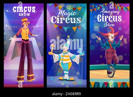 Shapito circus fumetti e personaggi acrobat. Il circo mostra clown su palafitte, divertente mimo con animali da mongolfiera e comico su monociclo. Chapiteau Illustrazione Vettoriale