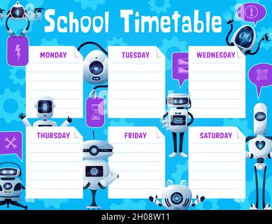 Calendario scolastico con robot e droni, bambini formazione vettoriale design. Programma degli studenti, piano di studio, pianificatore settimanale di corsi di alunno o lezioni di bac Illustrazione Vettoriale