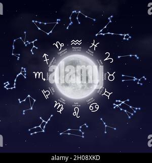 Oroscopo zodiaco segni, costellazioni e Luna. Astrologia vettoriale simboli Ariete, Toro e Gemini. Cancro, Leone, Vergine, Bilancia e Scorpione con Sagitta Illustrazione Vettoriale