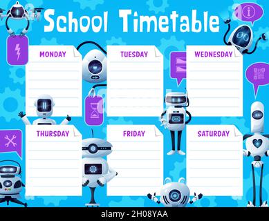 Calendario scolastico con robot e droni, bambini formazione vettoriale design. Programma degli studenti, piano di studio, pianificatore settimanale di corsi di alunno o lezioni di bac Illustrazione Vettoriale