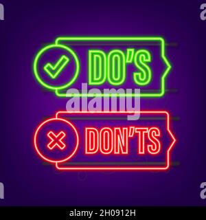 Pulsante al neon do s e Don ts. Set di elementi di logotipo rotondi semplici e piatti con pollice su. Illustrazione vettoriale Illustrazione Vettoriale