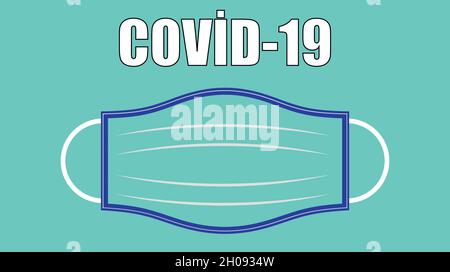 Maschera facciale Covid-19, su sfondo blu, maschera blu con strisce bianche, isolata, vista frontale Illustrazione Vettoriale