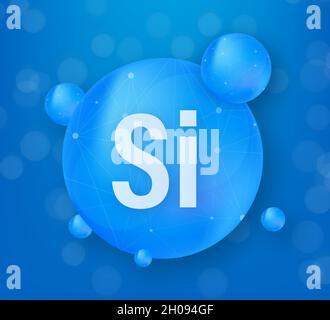 Mineral si Silicium blu brillante capsula icona. Sostanza per la bellezza. Complesso minerale di silicio. Illustrazione Vettoriale