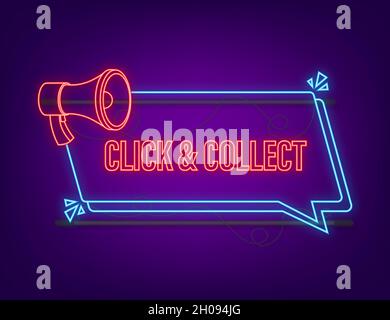 Megafono fare clic e raccogliere il banner neon. Stile piatto. Icona vettore sito Web. Illustrazione dello stock vettoriale Illustrazione Vettoriale