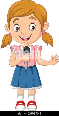 Cute bambina che canta tenendo il microfono Illustrazione Vettoriale