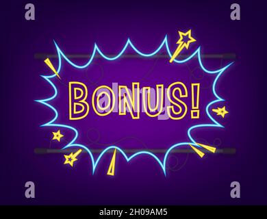 Fumetti fumetti con bonus di testo. Icona neon. Simbolo, etichetta adesiva, etichetta offerta speciale, badge pubblicitario. Illustrazione dello stock vettoriale Illustrazione Vettoriale
